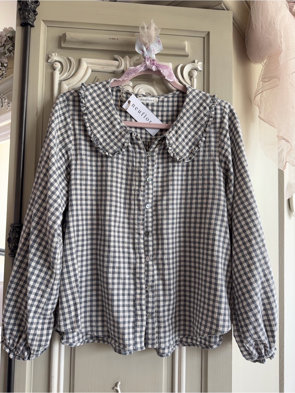 NEUFLORA 🍃”KIMBER” Blue gingham Blouse, Size L, Sold Out